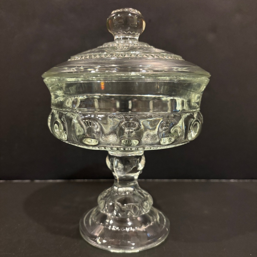 Vtg Indiana Glass "Kings Crown" Clear Glass Pedestal Candy/Nut Bowl w/Lid